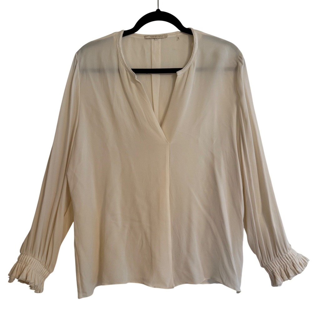 Elegant Work Victorian Inspired Blouse‎ Women XL Cream 100% Silk Smocked Cuff